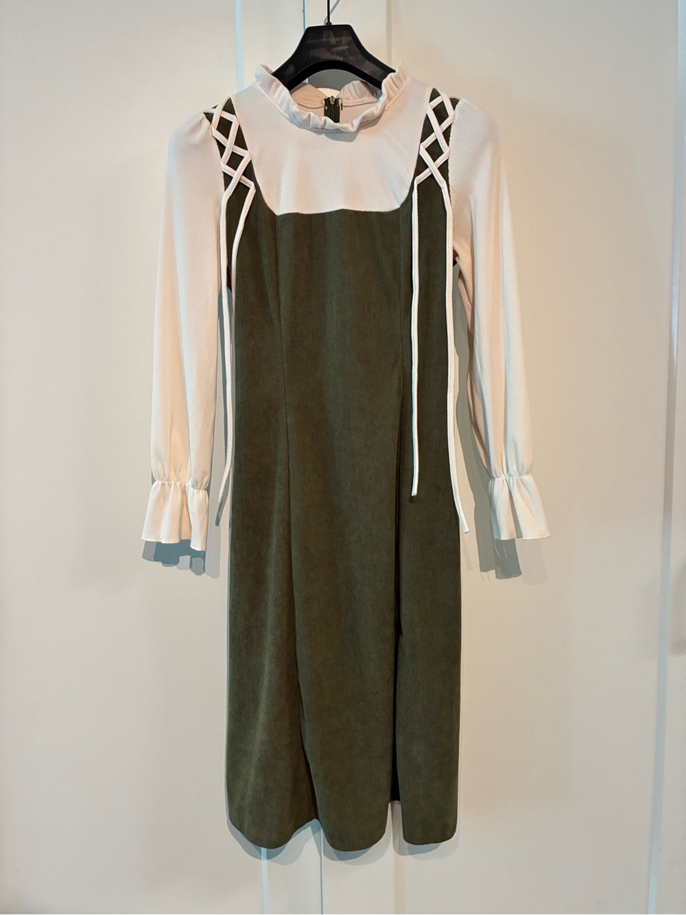 NEW Olive Green S Corduroy Pinafore Dress with White Blouse Style